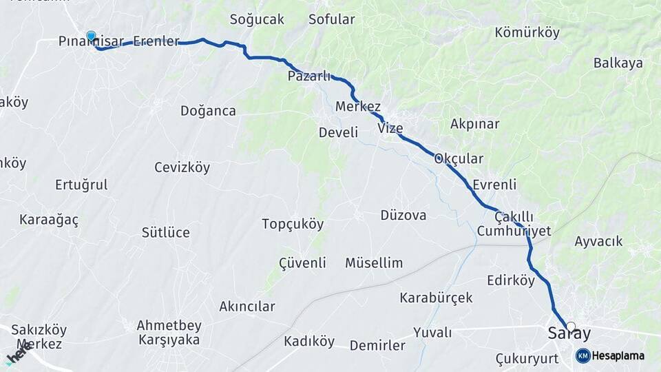 Kırklareli Pınarhisar Saray Tekirdağ Arası Kaç Km - Yol Haritası