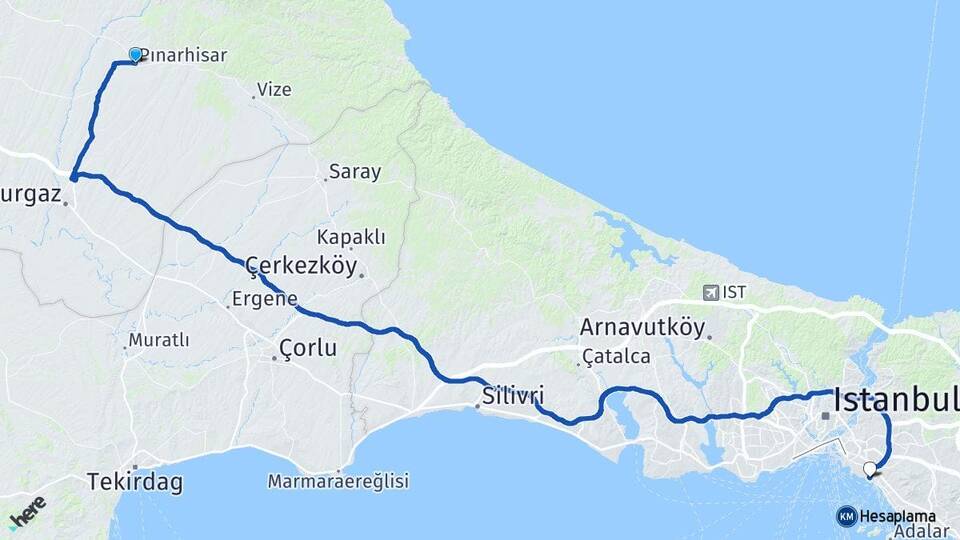 Kırklareli Pınarhisar Suadiye Kadıköy İstanbul Arası Kaç Km - Yol Haritası