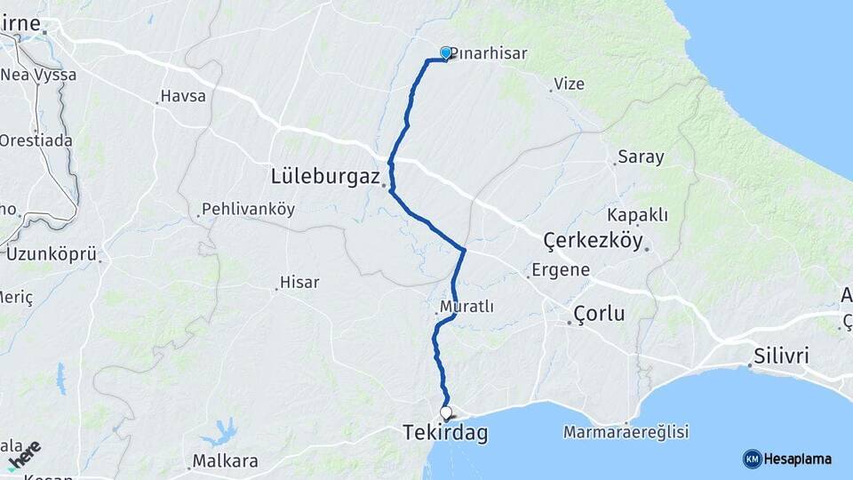 Kırklareli Pınarhisar Tekirdağ Arası Kaç Km - Yol Haritası