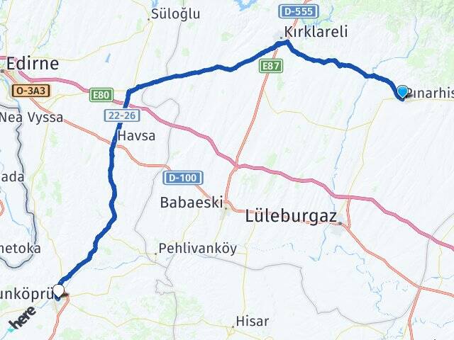 Kırklareli Pınarhisar Uzunköprü Edirne Arası Kaç Km - Yol Haritası