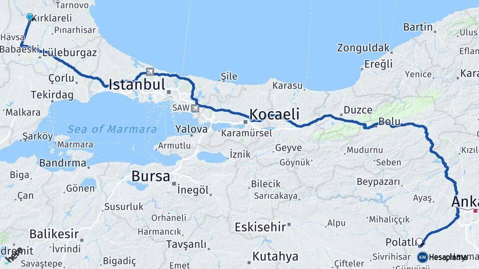 Kırklareli Polatlı Ankara Arası Kaç Km - Yol Haritası