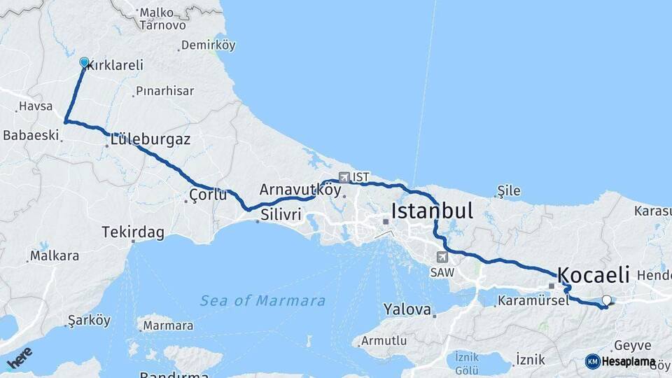 Kırklareli Sapanca Sakarya Arası Kaç Km - Yol Haritası