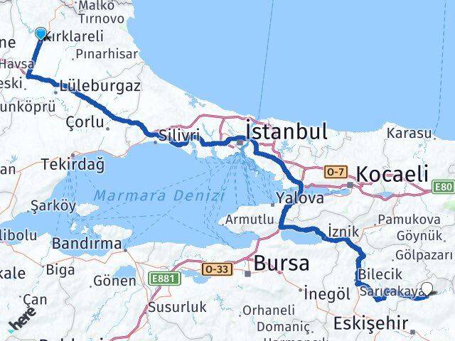 Kırklareli Sarıcakaya Eskişehir Arası Kaç Km - Yol Haritası
