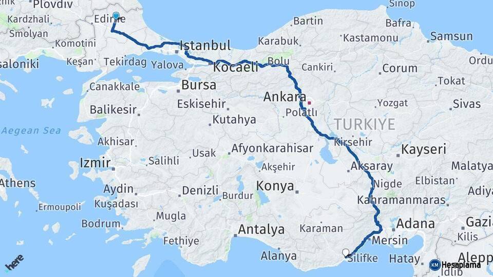 Kırklareli Silifke Mersin Arası Kaç Km - Yol Haritası