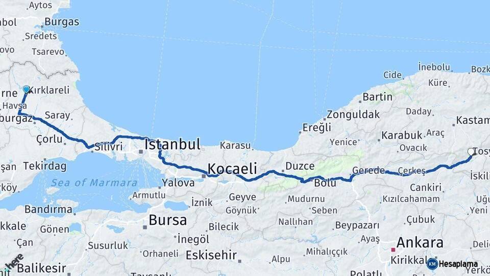 Kırklareli Tosya Kastamonu Arası Kaç Km - Yol Haritası