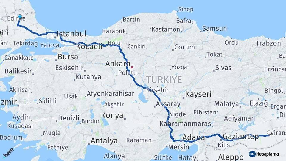Kırklareli Viranşehir Şanlıurfa Arası Kaç Km - Yol Haritası