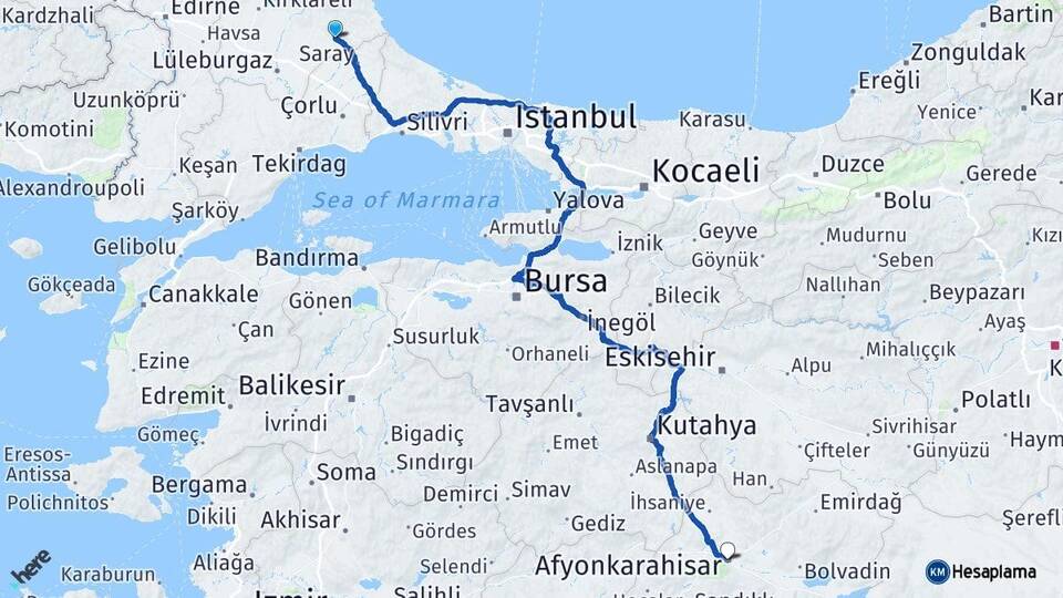 Kırklareli Vize Afyonkarahisar Arası Kaç Km - Yol Haritası
