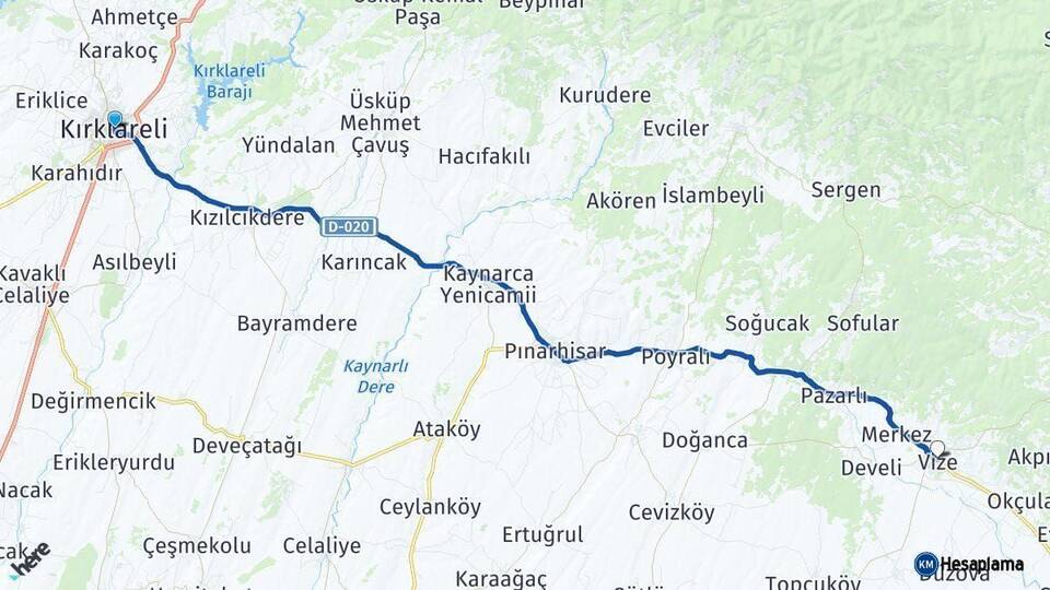 Kırklareli Vize Arası Kaç Km - Yol Haritası