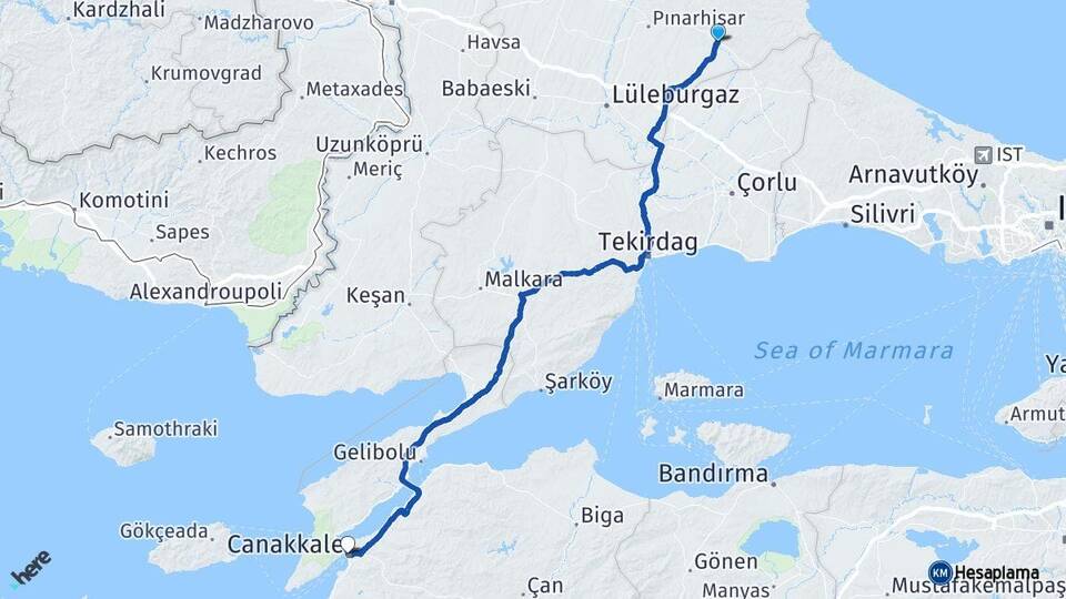 Kırklareli Vize Çanakkale Arası Kaç Km - Yol Haritası