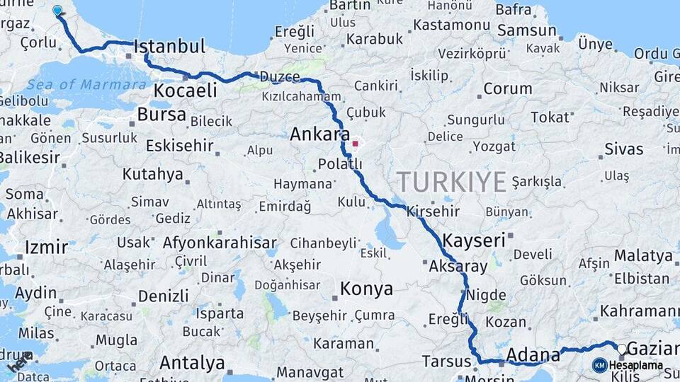 Kırklareli Vize Gaziantep Arası Kaç Km - Yol Haritası