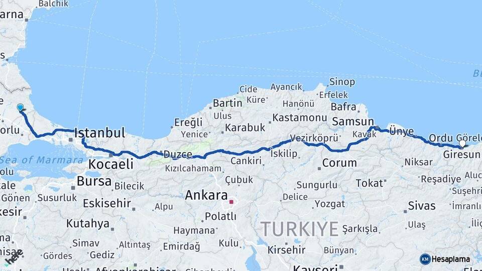 Kırklareli Vize Giresun Arası Kaç Km - Yol Haritası