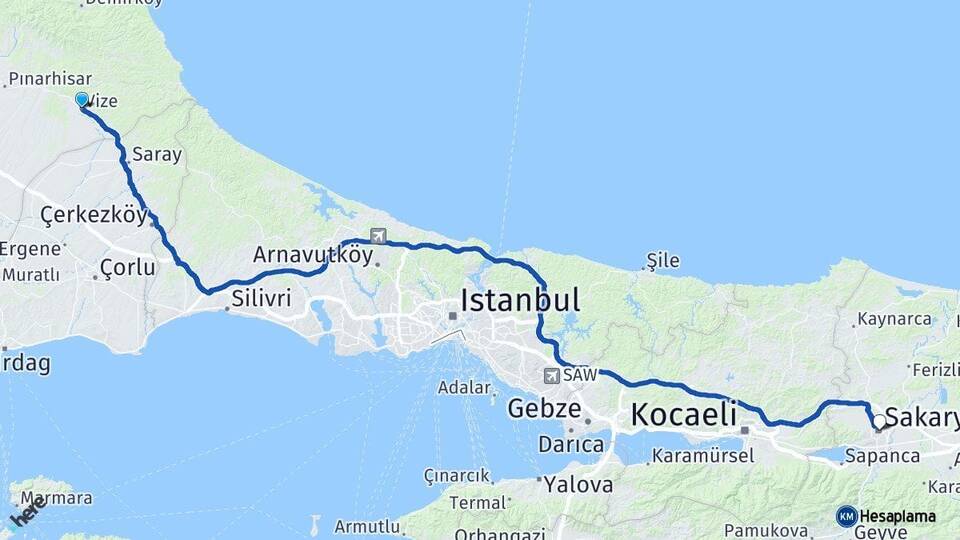 Kırklareli Vize Sakarya Arası Kaç Km - Yol Haritası