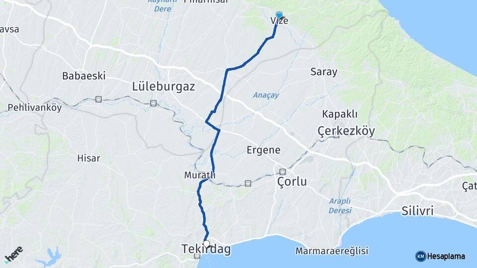 Kırklareli Vize Tekirdağ Arası Kaç Km - Yol Haritası