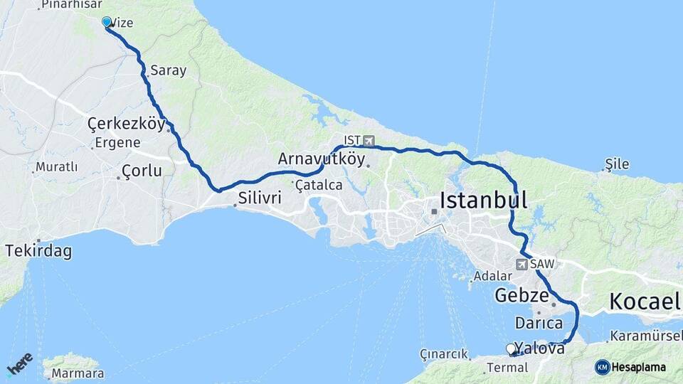 Kırklareli Vize Yalova Arası Kaç Km - Yol Haritası