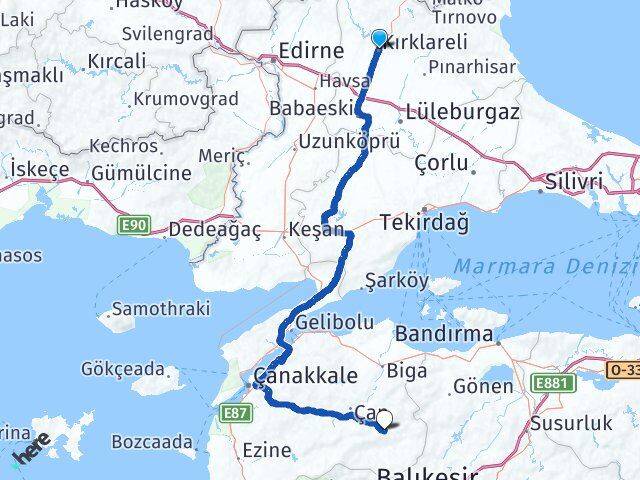 Kırklareli Yenice Çanakkale Arası Kaç Km - Yol Haritası