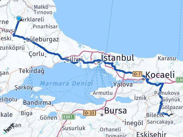 Kırklareli Yenipazar Bilecik Arası Kaç Km - Yol Haritası