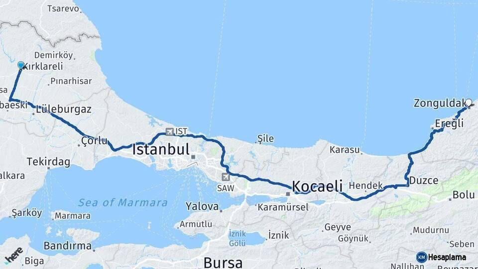 Kırklareli Zonguldak Arası Kaç Km - Yol Haritası
