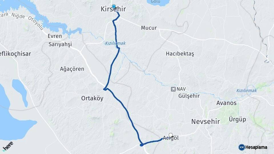Kırşehir Acıgöl Nevşehir Arası Kaç Km - Yol Haritası