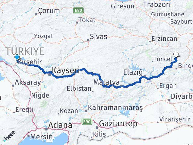 Kırşehir Adaklı Bingöl Arası Kaç Km - Yol Haritası