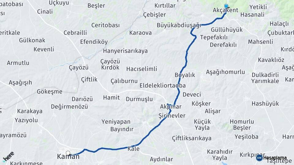 Kırşehir Akçakent Kaman Arası Kaç Km - Yol Haritası