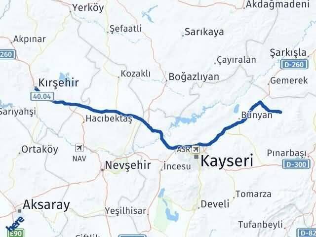 Kırşehir Akkışla Kayseri Arası Kaç Km - Yol Haritası