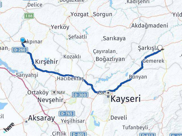 Kırşehir Akpınar Şarkışla Sivas Arası Kaç Km - Yol Haritası