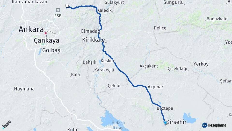Kırşehir Akyurt Ankara Arası Kaç Km - Yol Haritası