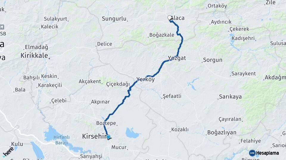Kırşehir Alaca Çorum Arası Kaç Km - Yol Haritası