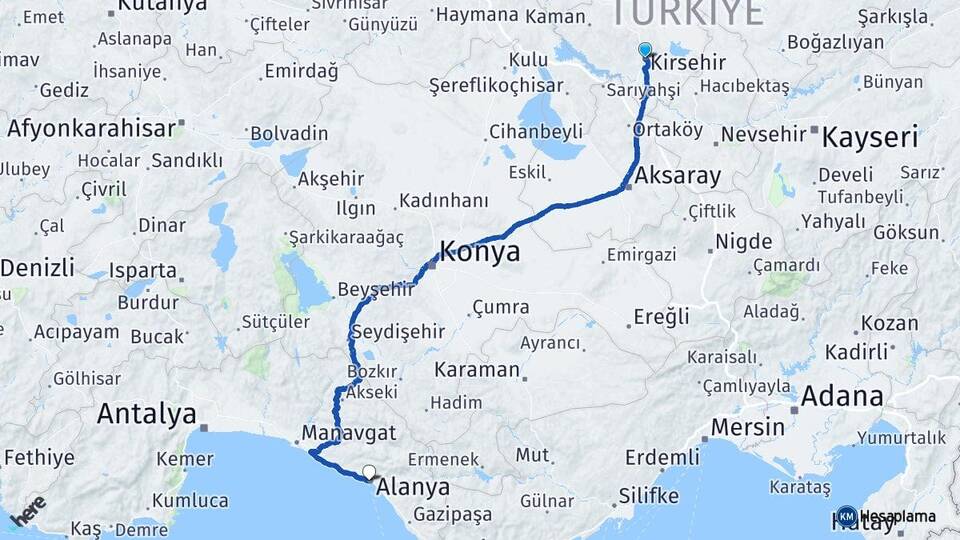 Kırşehir Alanya Antalya Arası Kaç Km - Yol Haritası