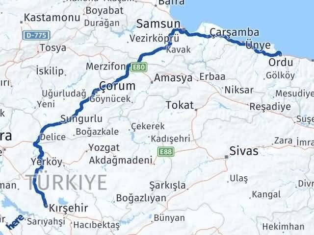 Kırşehir Altınordu Arası Kaç Km - Yol Haritası