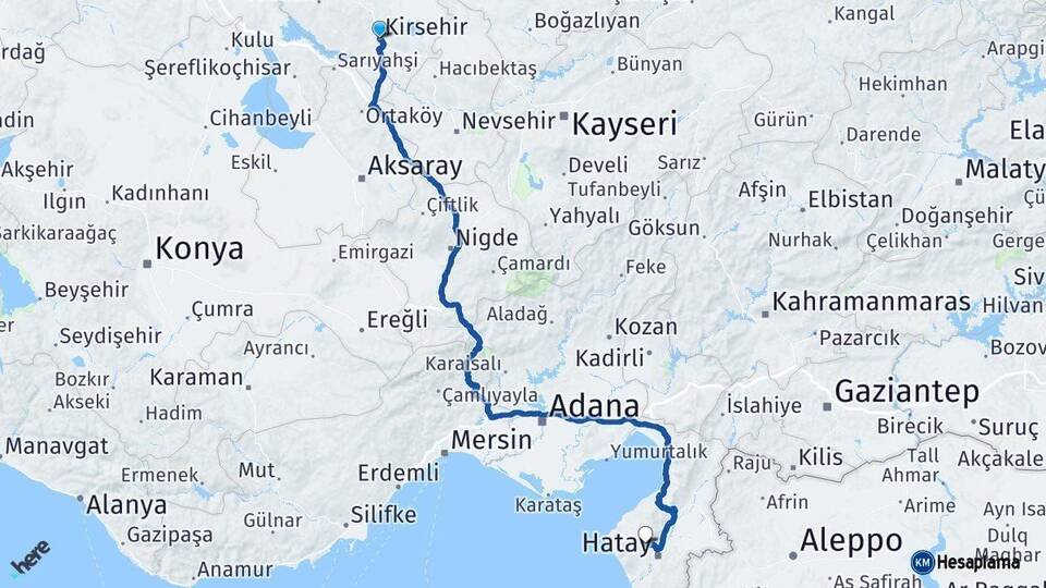 Kırşehir Antakya Hatay Arası Kaç Km - Yol Haritası