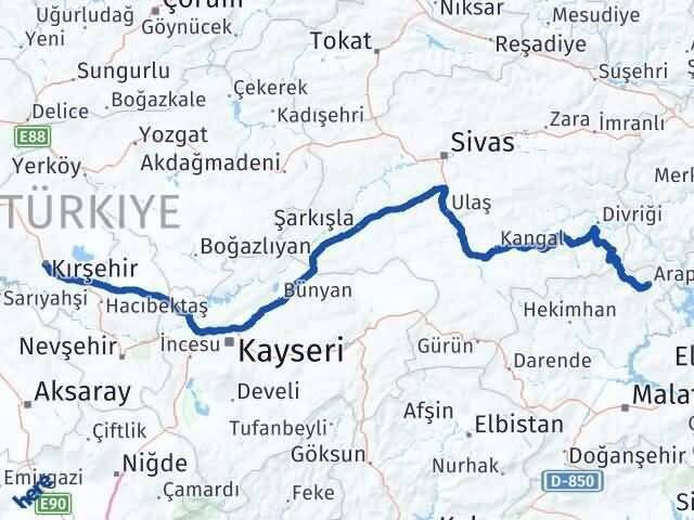 Kırşehir Arapgir Malatya Arası Kaç Km - Yol Haritası