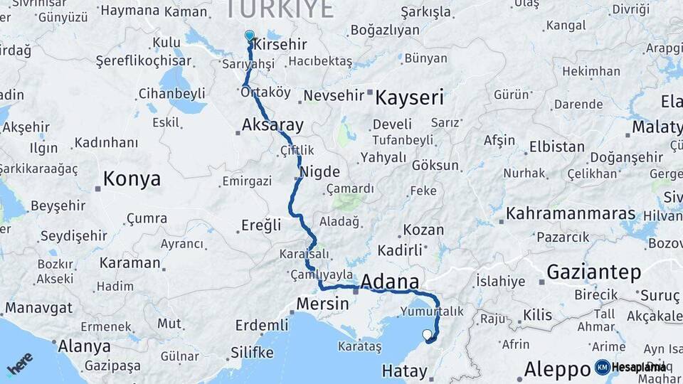 Kırşehir Arsuz Hatay Arası Kaç Km - Yol Haritası