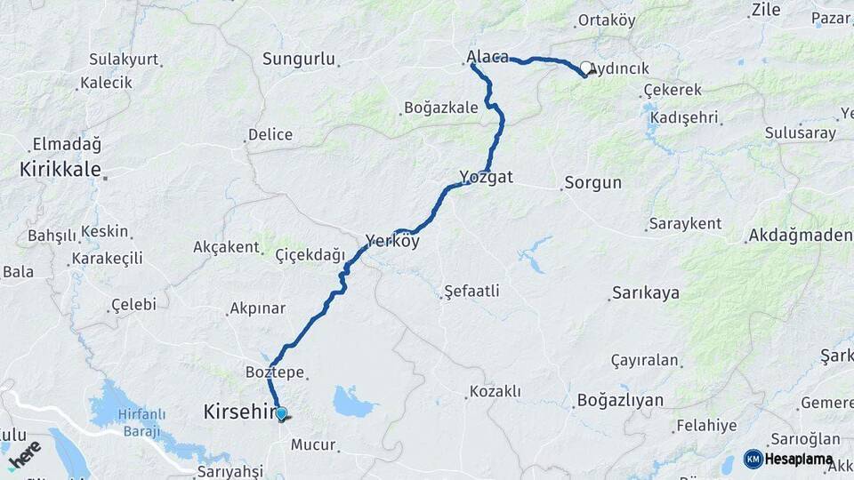 Kırşehir Aydıncık Yozgat Arası Kaç Km - Yol Haritası