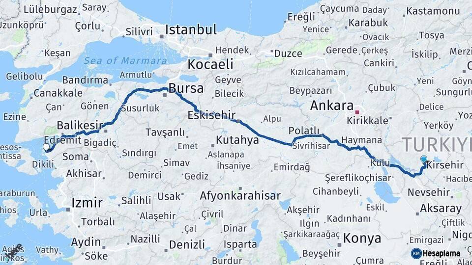 Kırşehir Ayvalık Balıkesir Arası Kaç Km - Yol Haritası