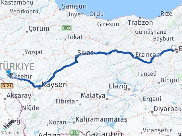 Kırşehir Aziziye Erzurum Arası Kaç Km - Yol Haritası