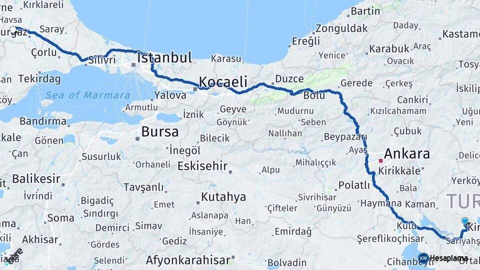 Kırşehir Babaeski Kırklareli Arası Kaç Km - Yol Haritası