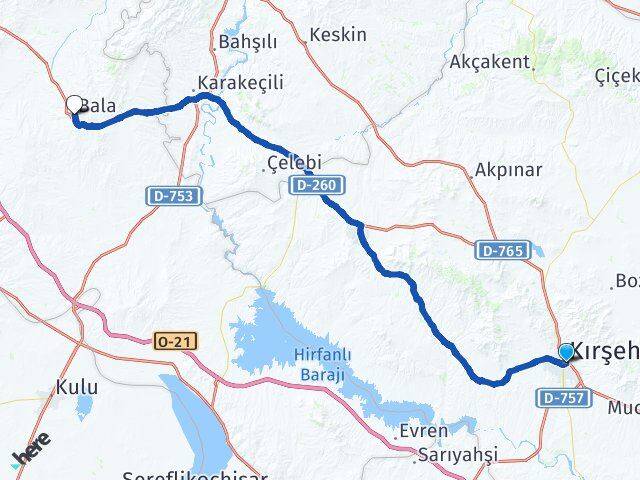 Kırşehir Bala Ankara Arası Kaç Km - Yol Haritası