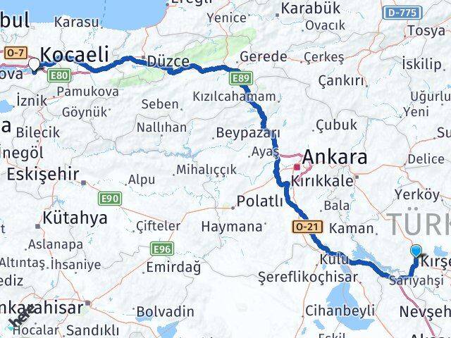 Kırşehir Başiskele Kocaeli Arası Kaç Km - Yol Haritası