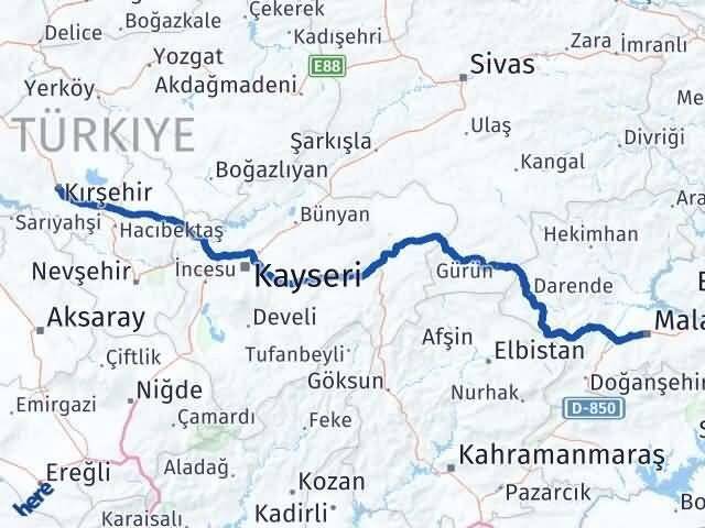 Kırşehir Battalgazi Malatya Arası Kaç Km - Yol Haritası