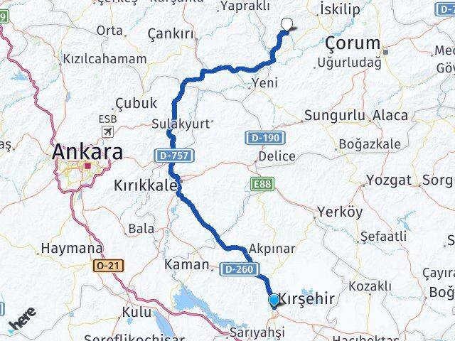 Kırşehir Bayat Çorum Arası Kaç Km - Yol Haritası