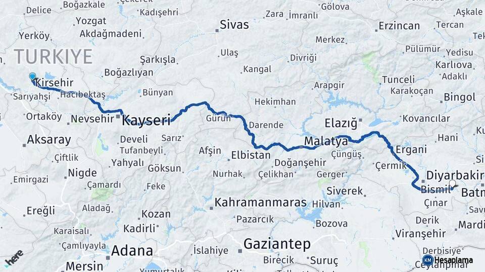 Kırşehir Bismil Diyarbakır Arası Kaç Km - Yol Haritası