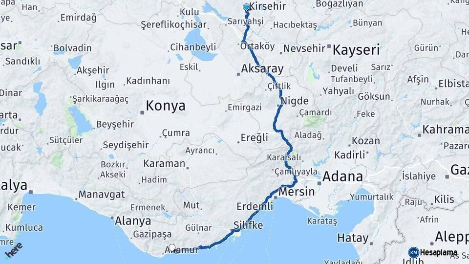 Kırşehir Bozyazı Mersin Arası Kaç Km - Yol Haritası