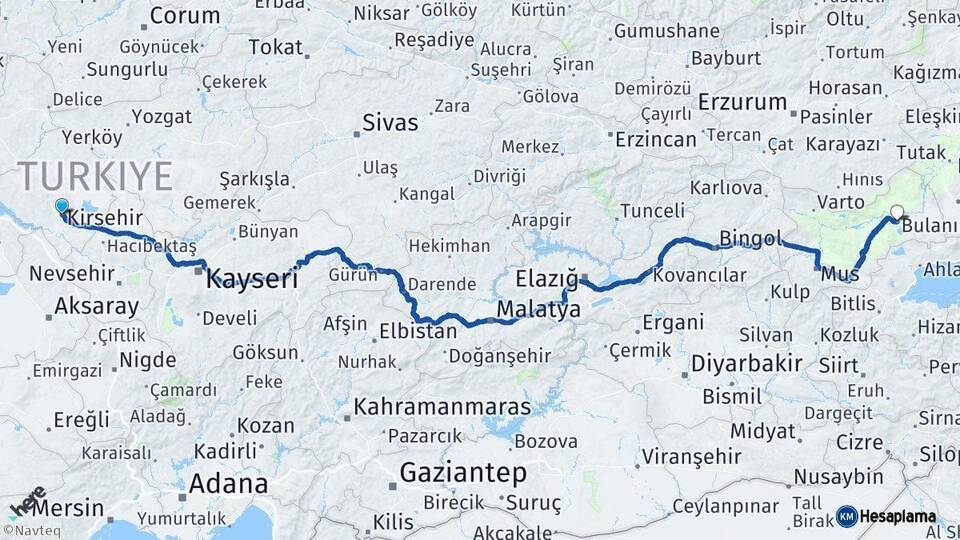 Kırşehir Bulanık Muş Arası Kaç Km - Yol Haritası