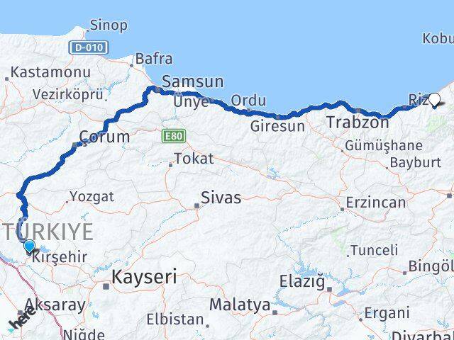 Kırşehir Çamlıhemşin Rize Arası Kaç Km - Yol Haritası
