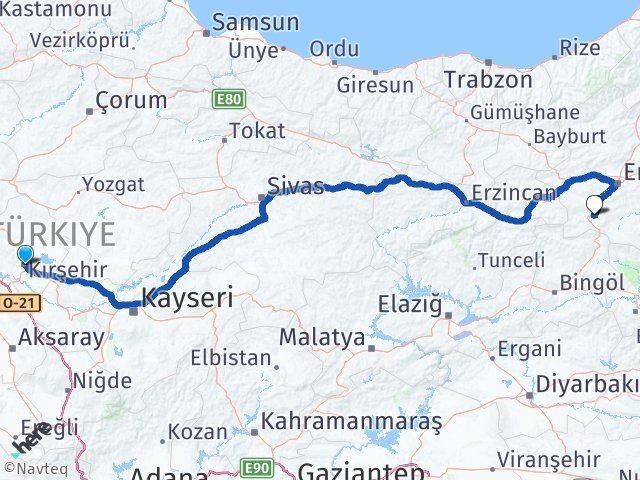 Kırşehir Çat Erzurum Arası Kaç Km - Yol Haritası