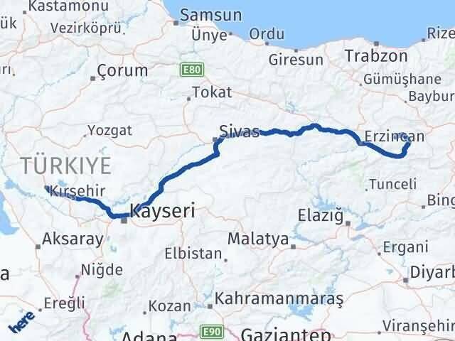 Kırşehir Çayırlı Erzincan Arası Kaç Km - Yol Haritası