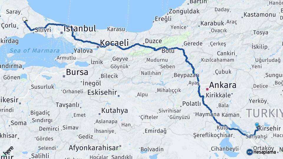 Kırşehir Çerkezköy Tekirdağ Arası Kaç Km - Yol Haritası