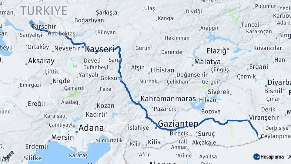Kırşehir Ceylanpınar Şanlıurfa Arası Kaç Km - Yol Haritası