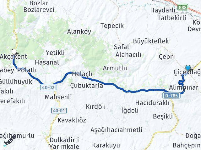 Kırşehir Çiçekdağı Akçakent Arası Kaç Km - Yol Haritası